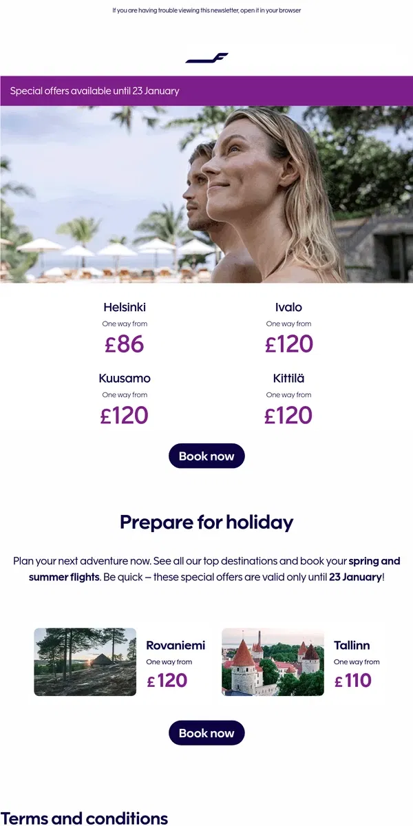 Email from Finnair. Book your flights at special prices