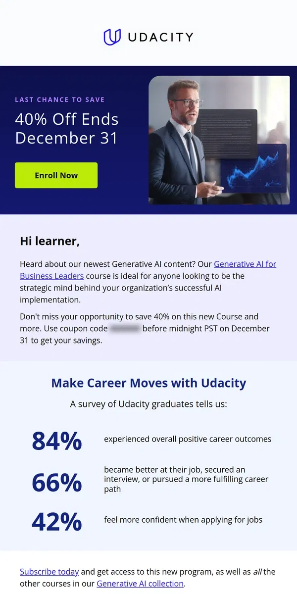 Email from Udacity. Last chance to save 40%