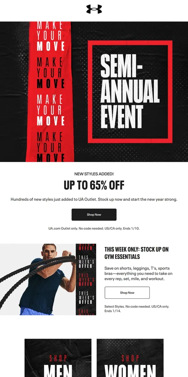 Email from Under Armour. Up to 65% off, only 2x a year