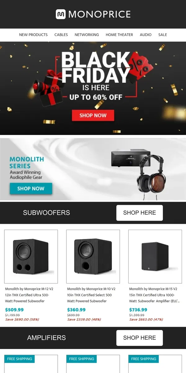 Email from Monoprice. 🔥 BLACK FRIDAY SALE 🔥 + 👑 MONOLITH DEALS 👑