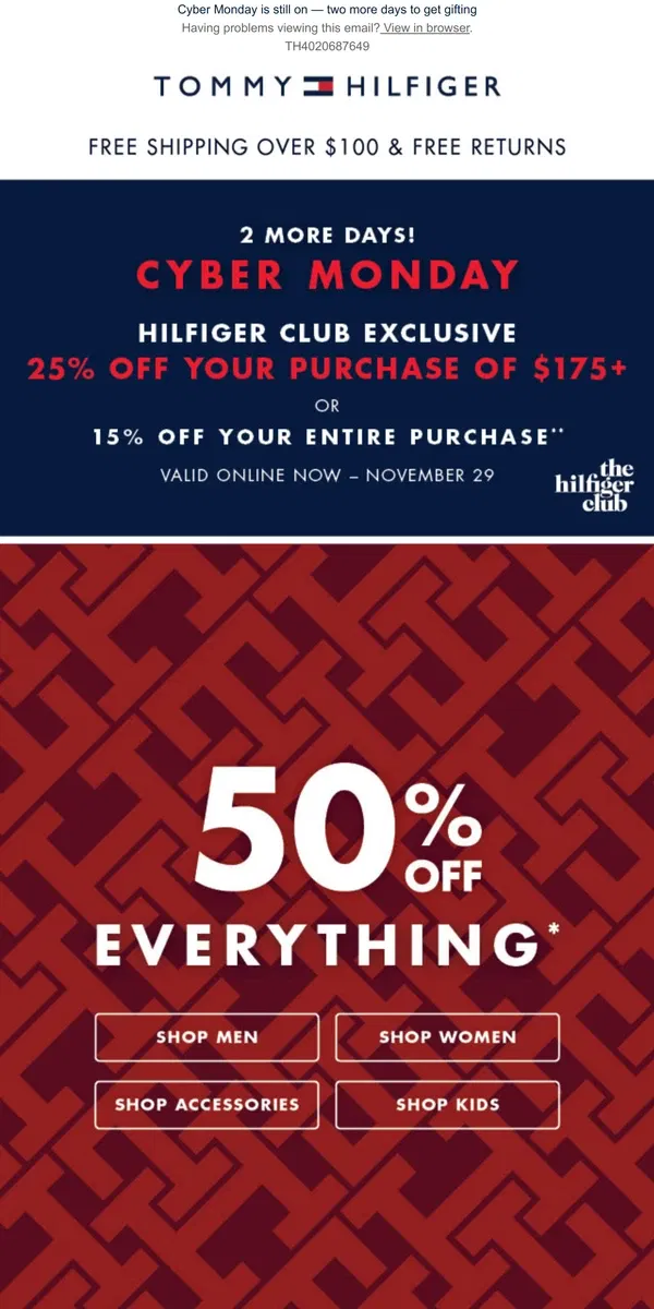 Email from Tommy Hilfiger. Surprise! 50% off everything extended!