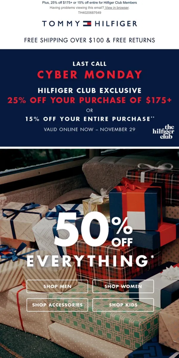 Email from Tommy Hilfiger. LAST CHANCE: 50% OFF EVERYTHING