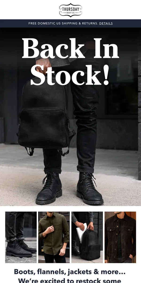 Email from Thursday Boot Company. Big Restocks: The Union Jacket & More!