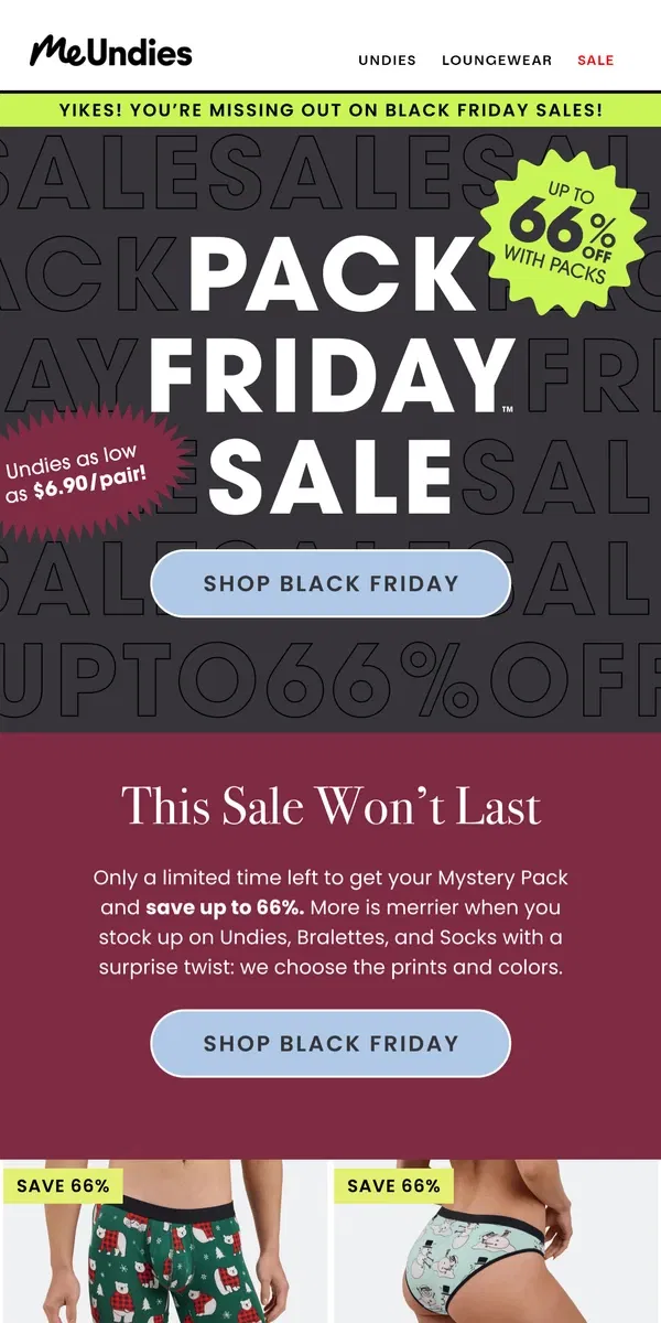 Email from MeUndies. Happy Black Friday! Up To 66% Off!