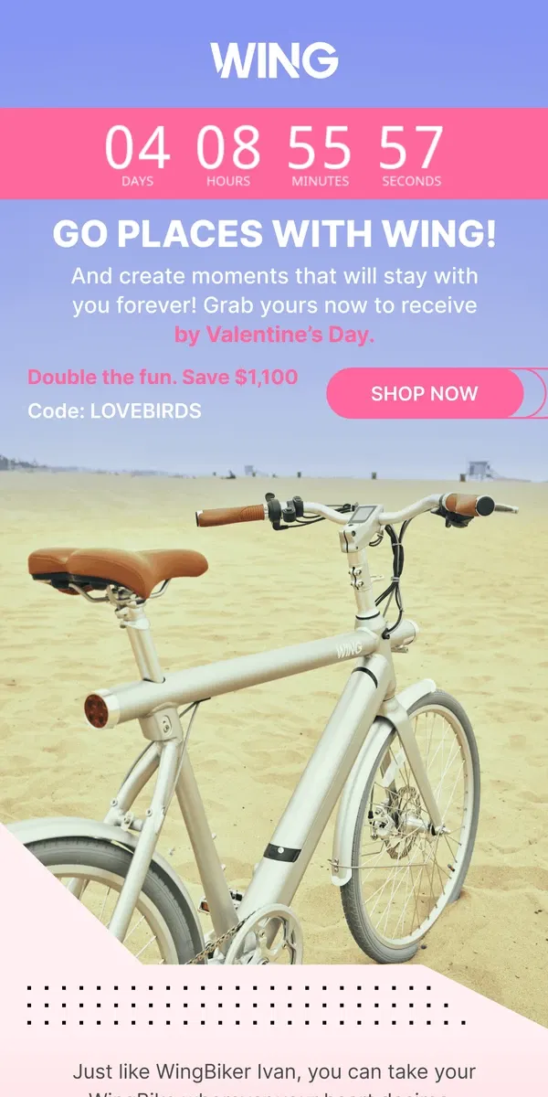 Email from Wing Bikes. Want to ride now & pay later?