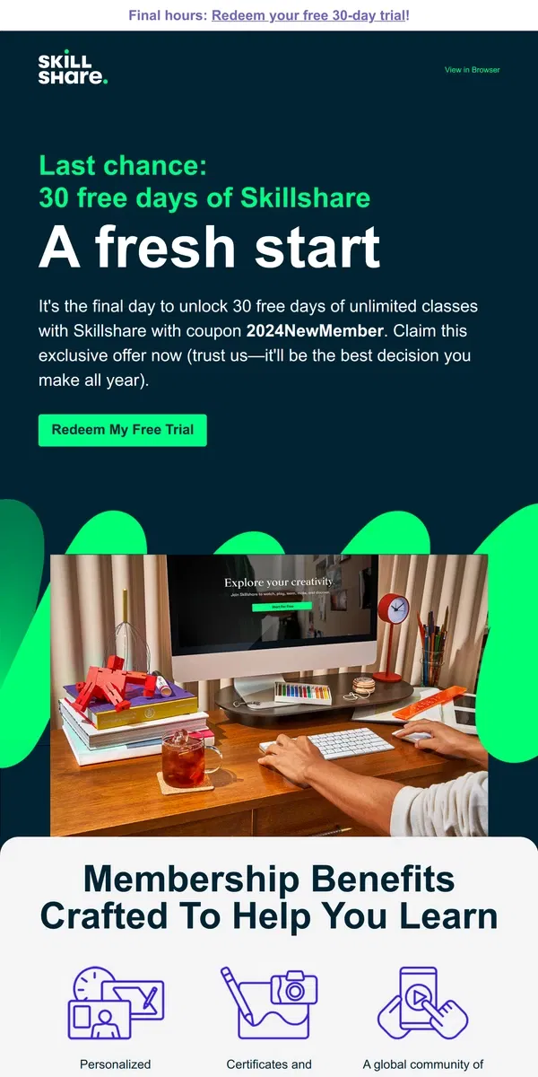 Email from Skillshare. Final hours: claim your FREE 30-day trial with this coupon: 2024NewMember