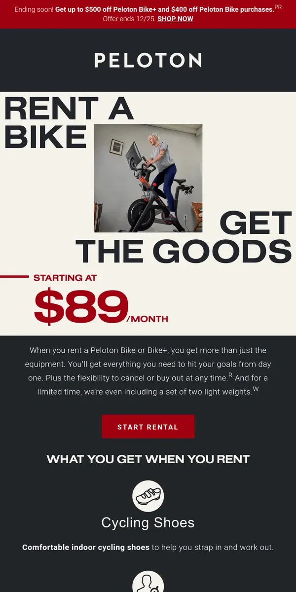 Email from Peloton. Warm up your winter with a Bike rental