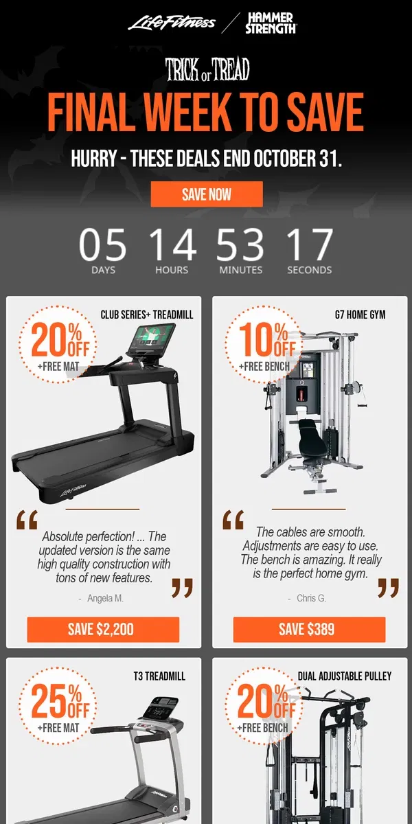 Email from Life Fitness. Final Days to Save Big on Treadmills & Home Gyms!