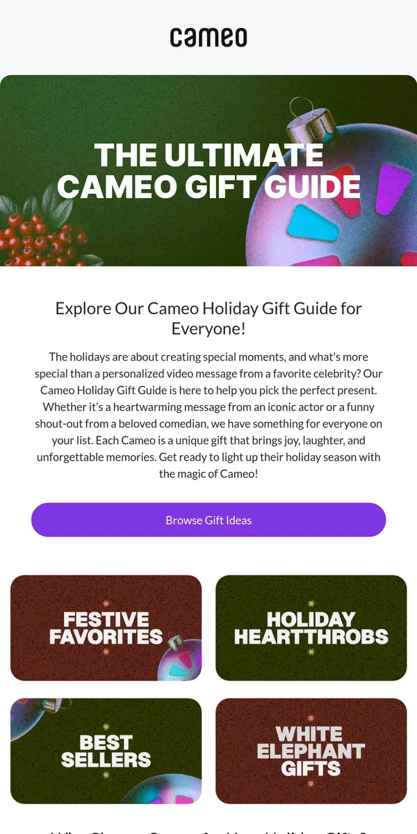 Email from Cameo. The Ultimate Cameo Holiday Gift Guide 🎁✨