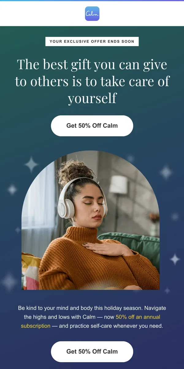 Email from Calm. ENDING SOON: 50% off Calm