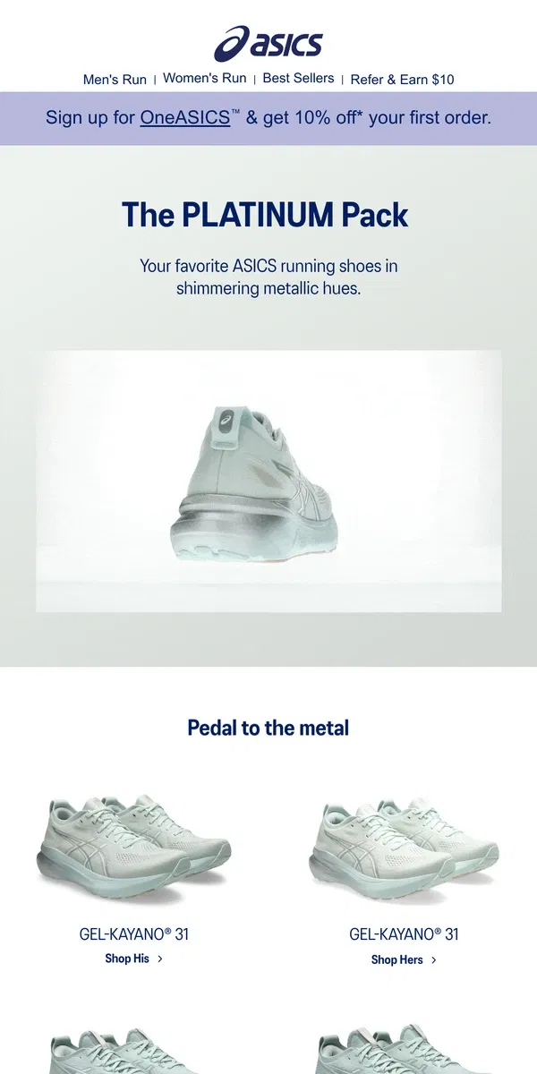 Email from ASICS. Add shine to your step