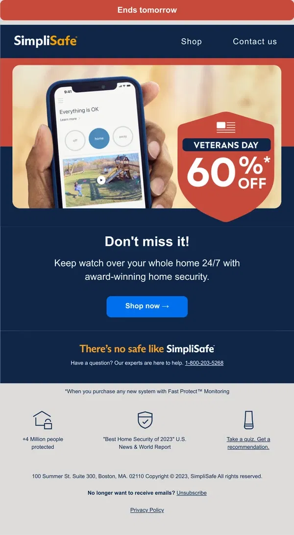 Email from SimpliSafe. Reminder: your Veterans Day offer ends tomorrow