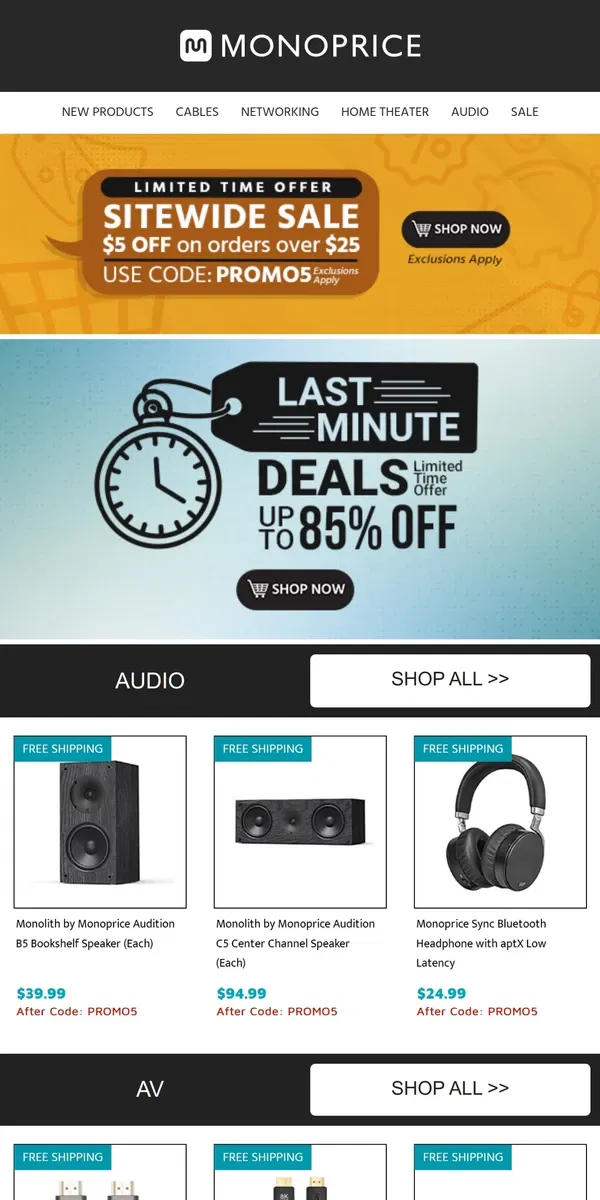 Email from Monoprice. Deals Up to 85% OFF + Weekend ONLY $5 OFF $25+