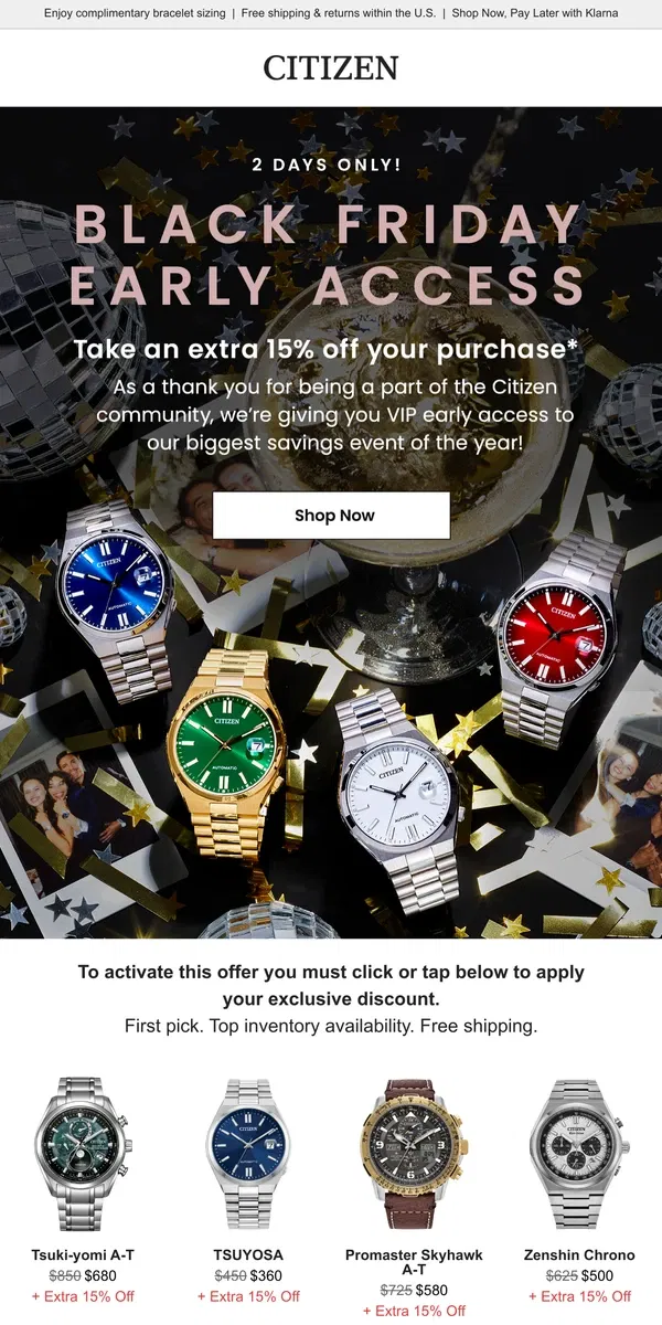 Email from Citizen Watch. Your VIP Black Friday Early Access