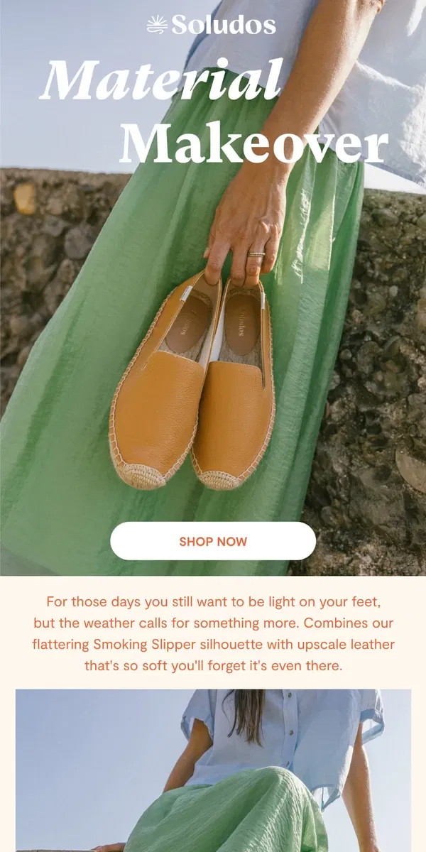 Email from Soludos. NEW: Handmade Leather and Jute Espadrilles