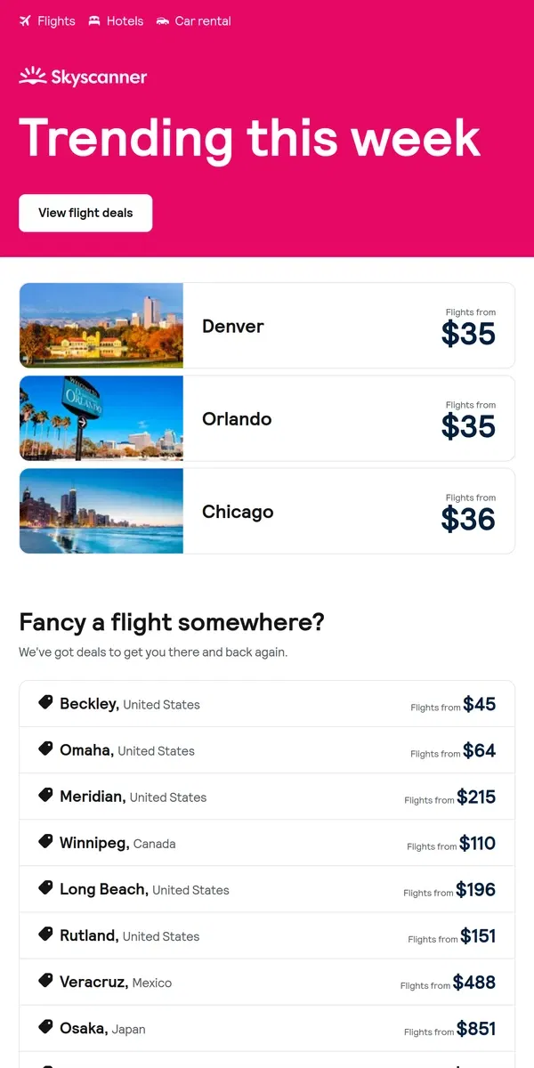 Email from Skyscanner. Denver from $35 and more ✈️