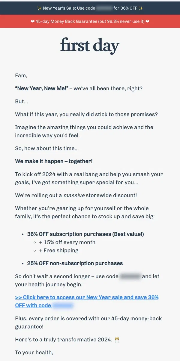 Email from First Day. New Year = New Discounts ✨