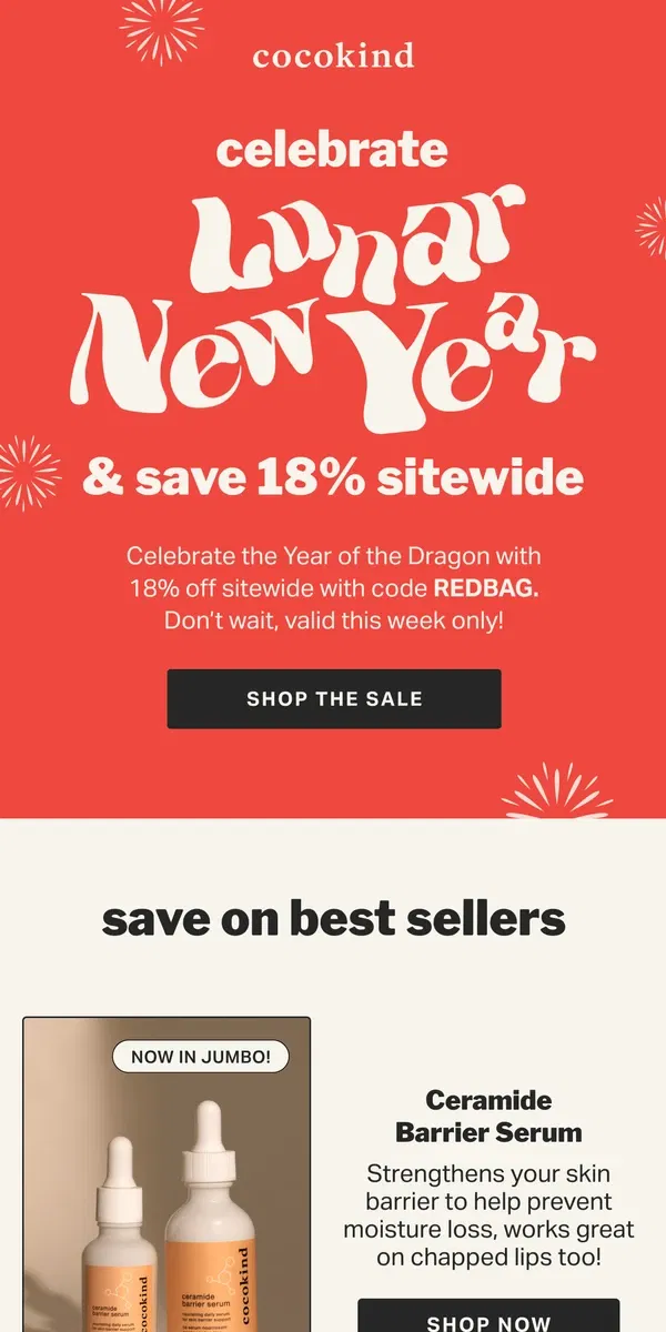 Email from cocokind. Lunar New Year Sale: 18% off