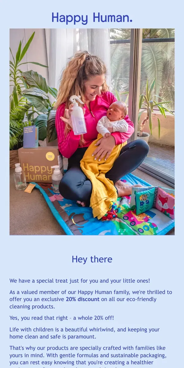 Email from Happy Home. 🌟 Exclusive Offer Inside! Get 20% Off Happy Human Products for Families with Kids! 🌿