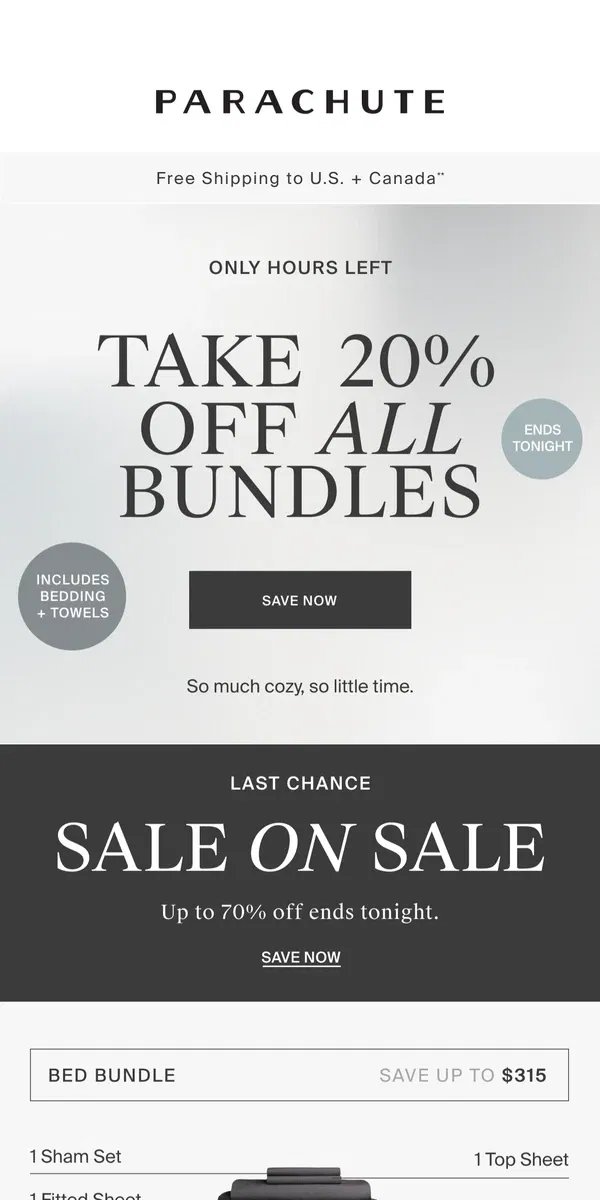 Email from Parachute Home. Last Call: 20% Off Sale + Bundles