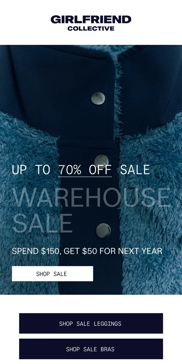 Email from Girlfriend Collective. LAST CHANCE TO SHOP THE WAREHOUSE SALE