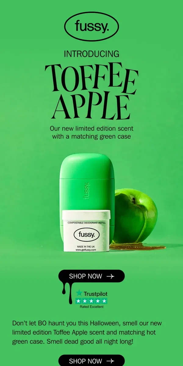 Email from Fussy. Introducing: NEW Toffee Apple 🍏