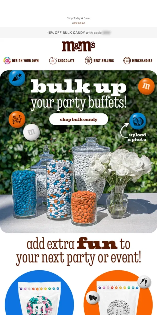 Email from M&M's. Calling All Party People: 15% off Bulk Candy!