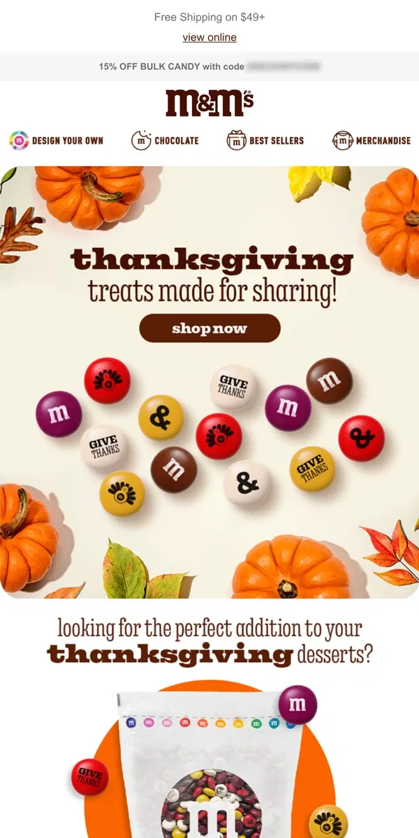 Email from M&M's. Give Thanks This Year with Custom M&M'S