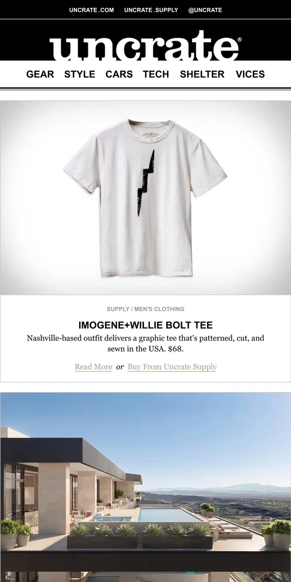 Email from Uncrate. Imogene+Willie Bolt Tee & more