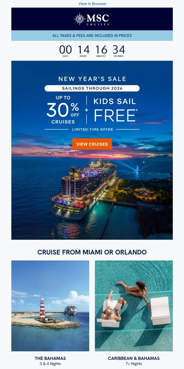 Email from MSC Cruises. Happy New Year! It's Your Last Day to Save ⏰