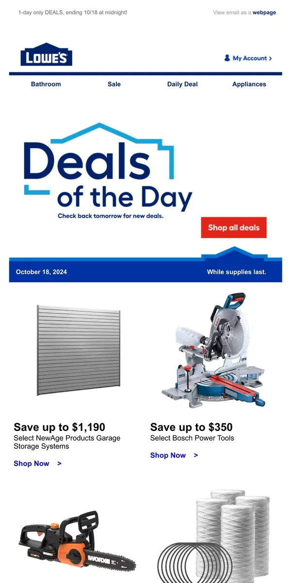 Email from Lowe's. LIMITED TIME deals, just for today.