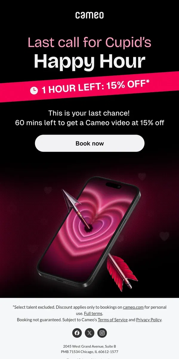 Email from Cameo. Last Chance: 15% off Cameos ends in 1 hour!