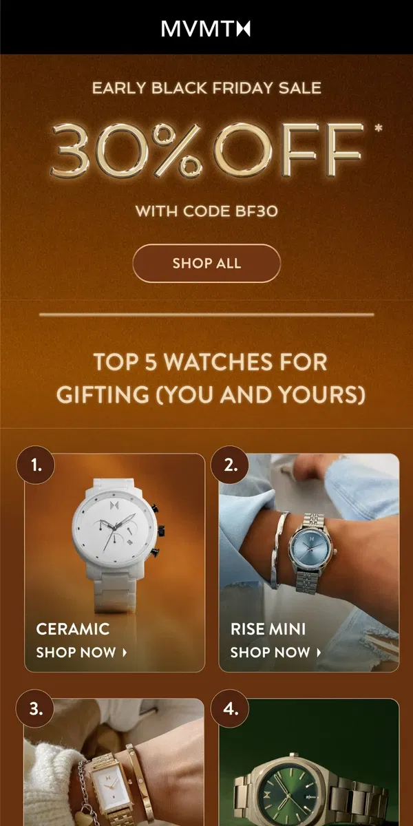 Email from MVMT. Top 5 Watches For Gifting