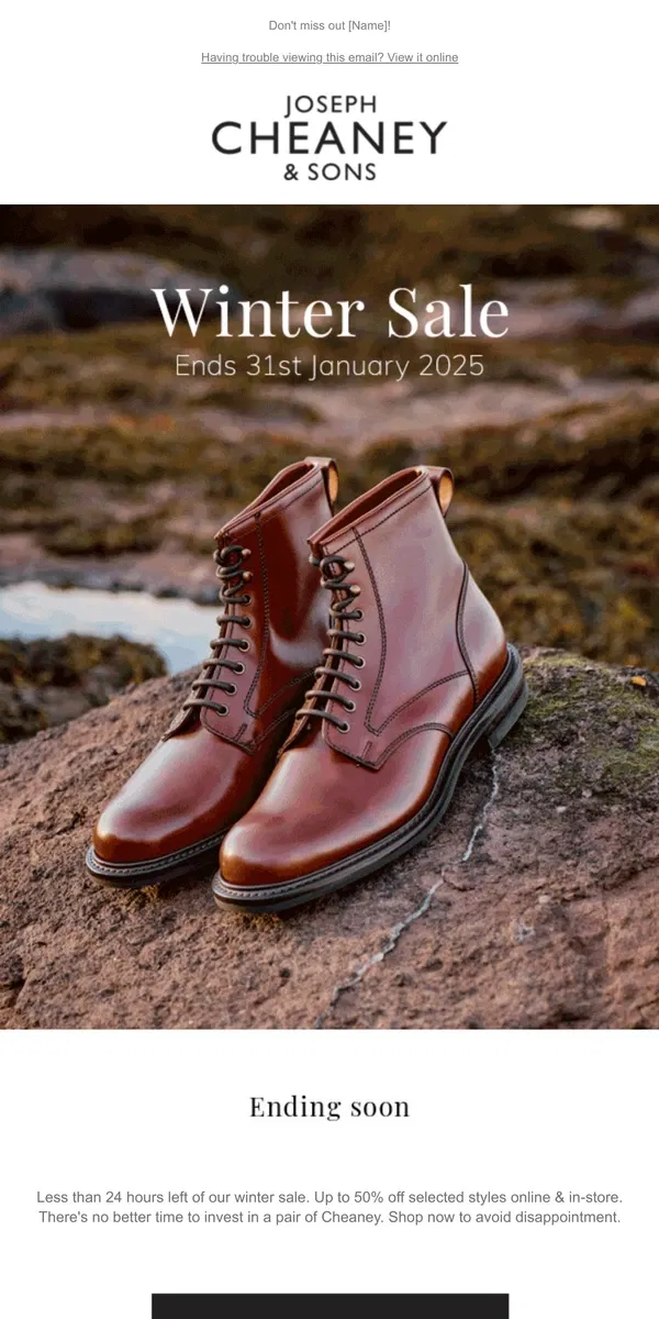 Email from Joseph Cheaney. Final 24 Hours of Sale | Up to 50% off