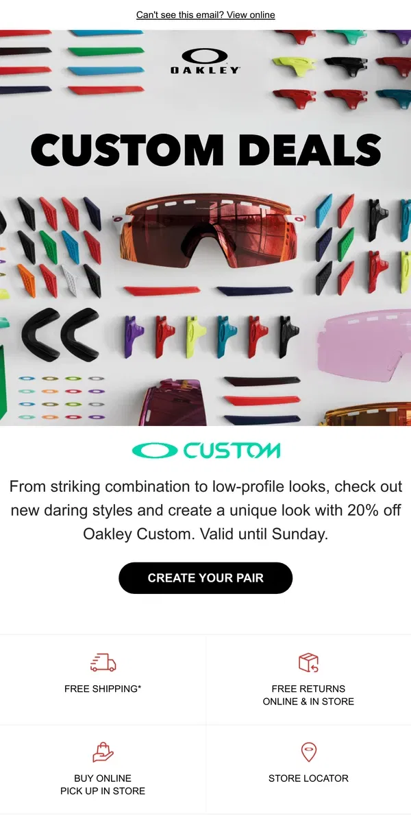 Email from Oakely. Custom Deals: 20% Off is ON