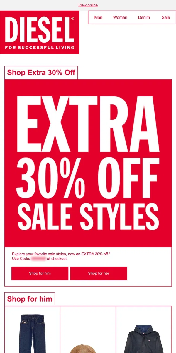 Email from Diesel. Sale on Sale: Extra 30% Off