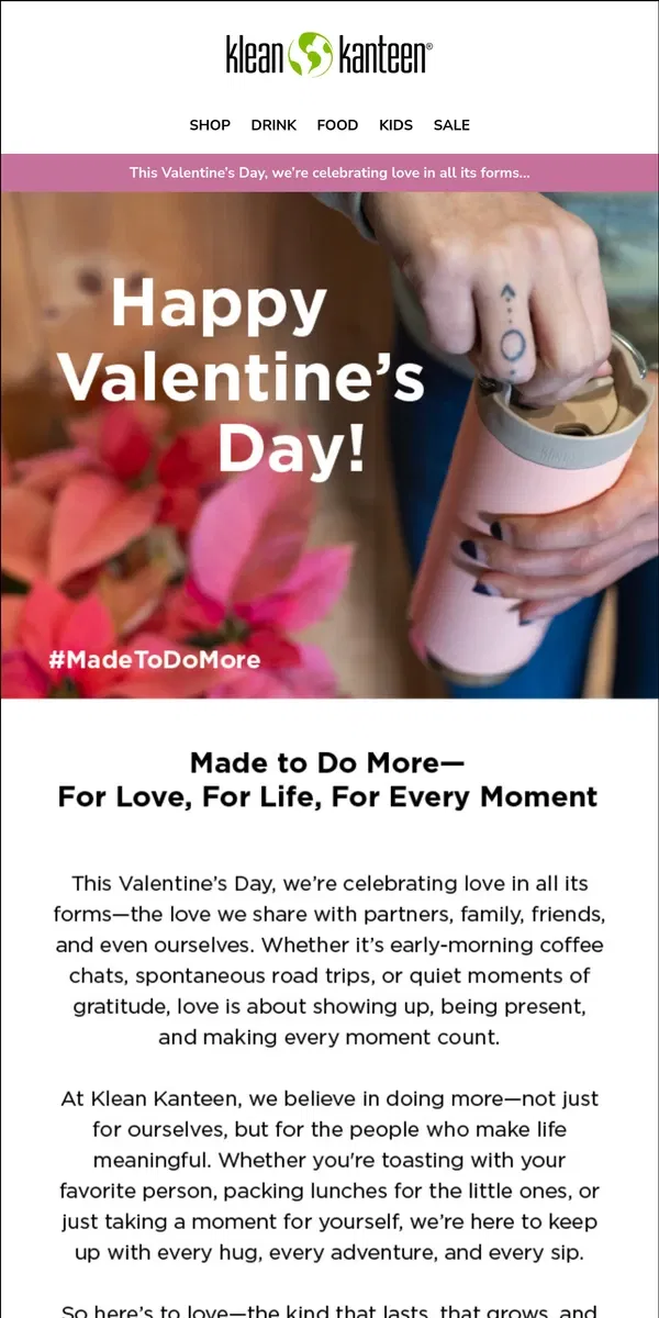 Email from Klean Kanteen. Happy Valentine's Day!