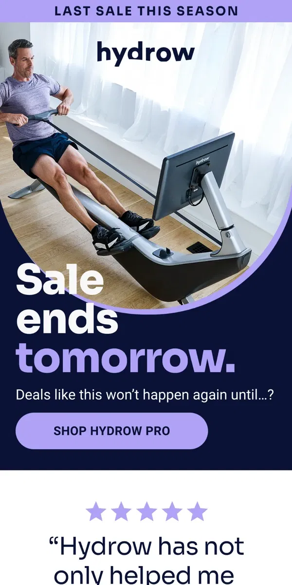 Email from Hydrow. Hey! Your offer expires tomorrow