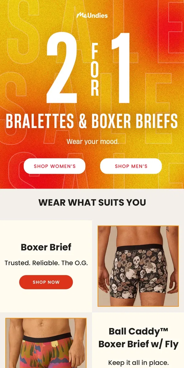 Email from MeUndies. BOGO Bras & Boxer Briefs: Buy 1, Get 1 Sale!