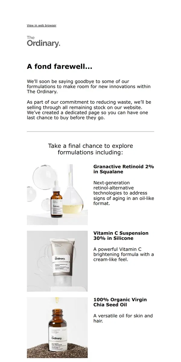 Email from The Ordinary. Saying goodbye to some formulations.