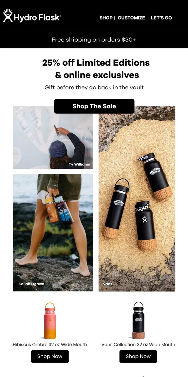 Email from Hydro Flask. 25% off Vans, Ombre, & more limited editions