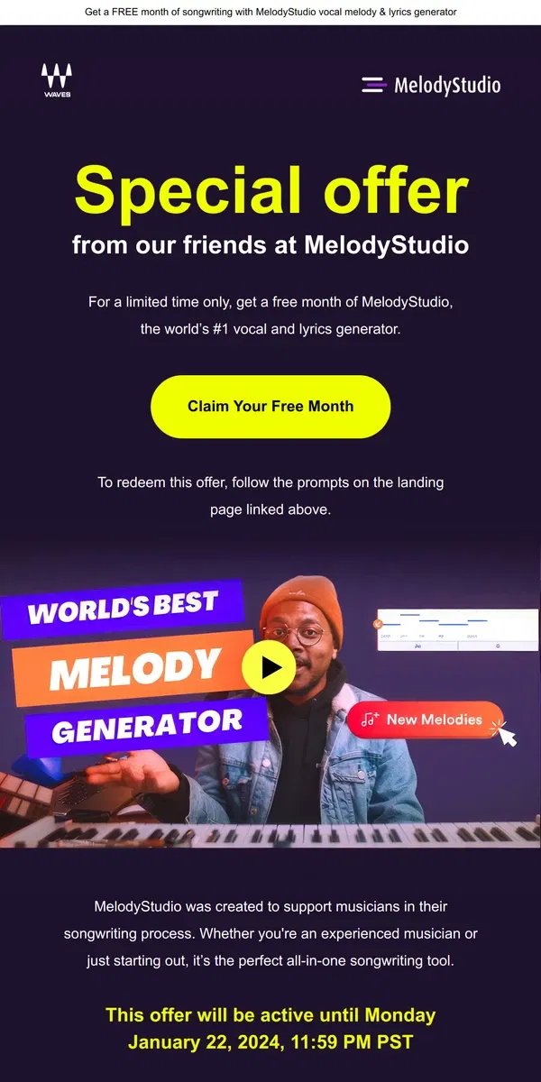 Email from Waves Audio. Special offer from MelodyStudio 🎶 Songwriting Generator for Musicians