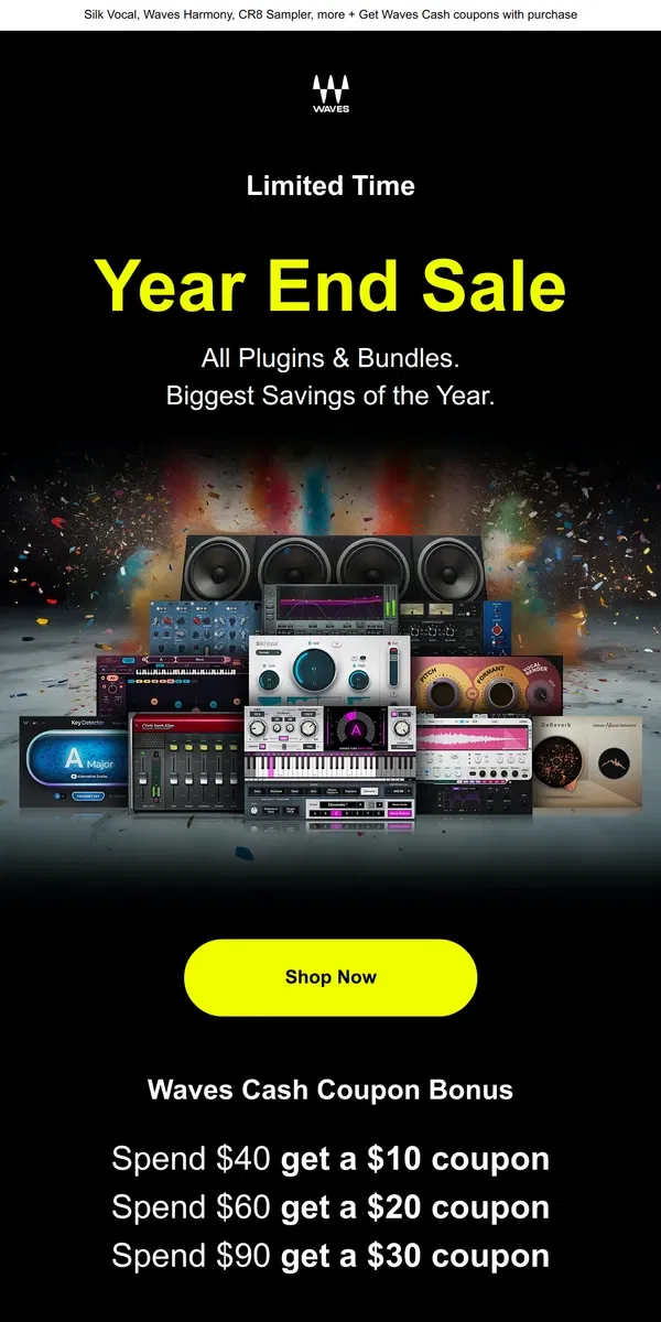 Email from Waves Audio. Year End Sale ⭐️ Plugins at $29.99 & below