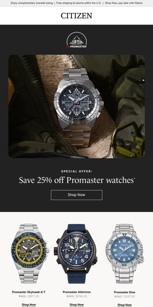 Email from Citizen Watch. Dive, reach, and soar into Spring with 25% Savings! Details inside.