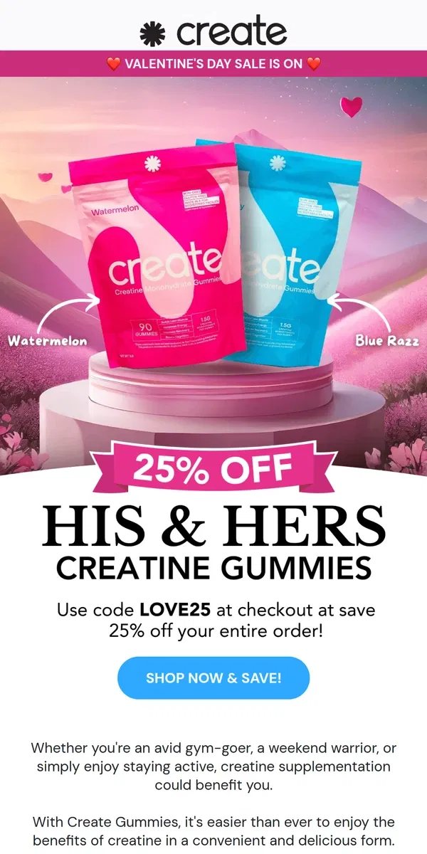 Email from Create Wellness. "His & Hers" Gummies – 25% Off till tomorrow!