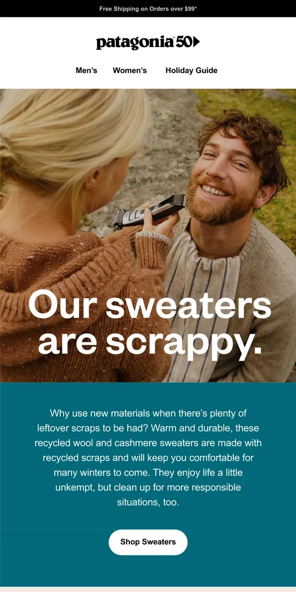 Email from Patagonia. Sweaters made from scraps