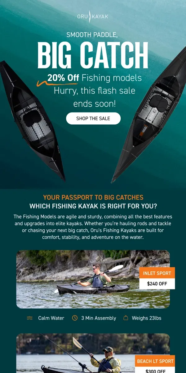 Email from Oru Kayak. 24 HOURS LEFT: 20% OFF Fishing Kayaks ⏰