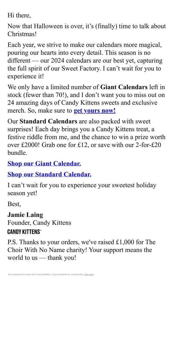 Email from Candy Kittens. Limited stock alert! Grab your calendar today.