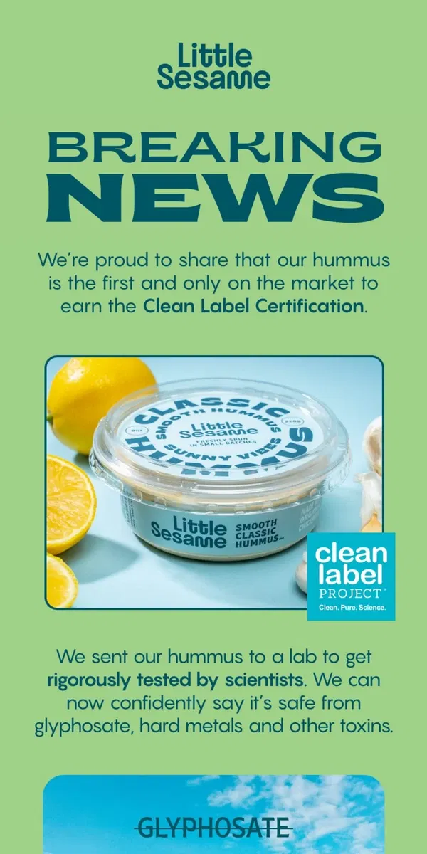 Email from Little Sesame. Little Sesame is Clean Label Certified 🌟