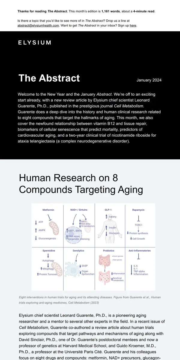 Email from Elysium Health. The Abstract: 8 Compounds That Target Aging